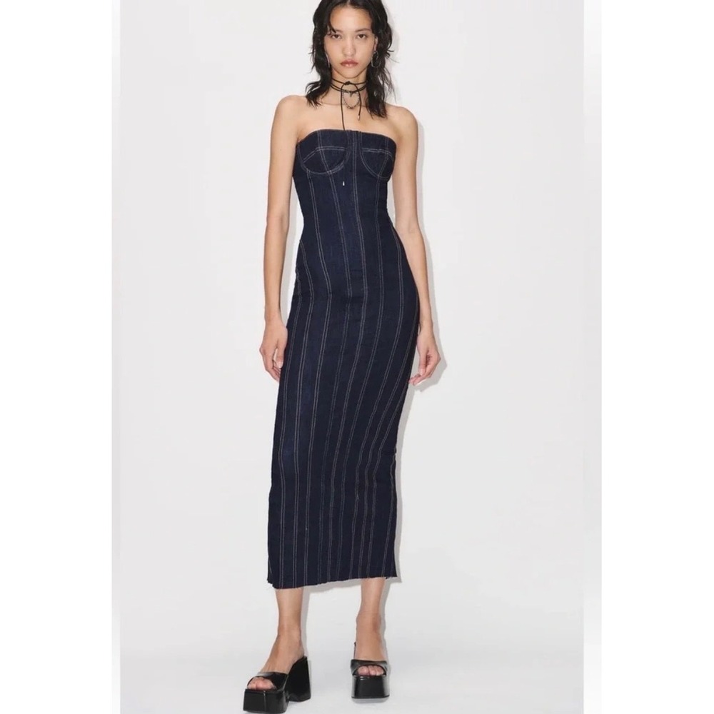 Zara Denim Dress Midi Bustier Midi Dress Indigo Blue Contrast Stitch XL